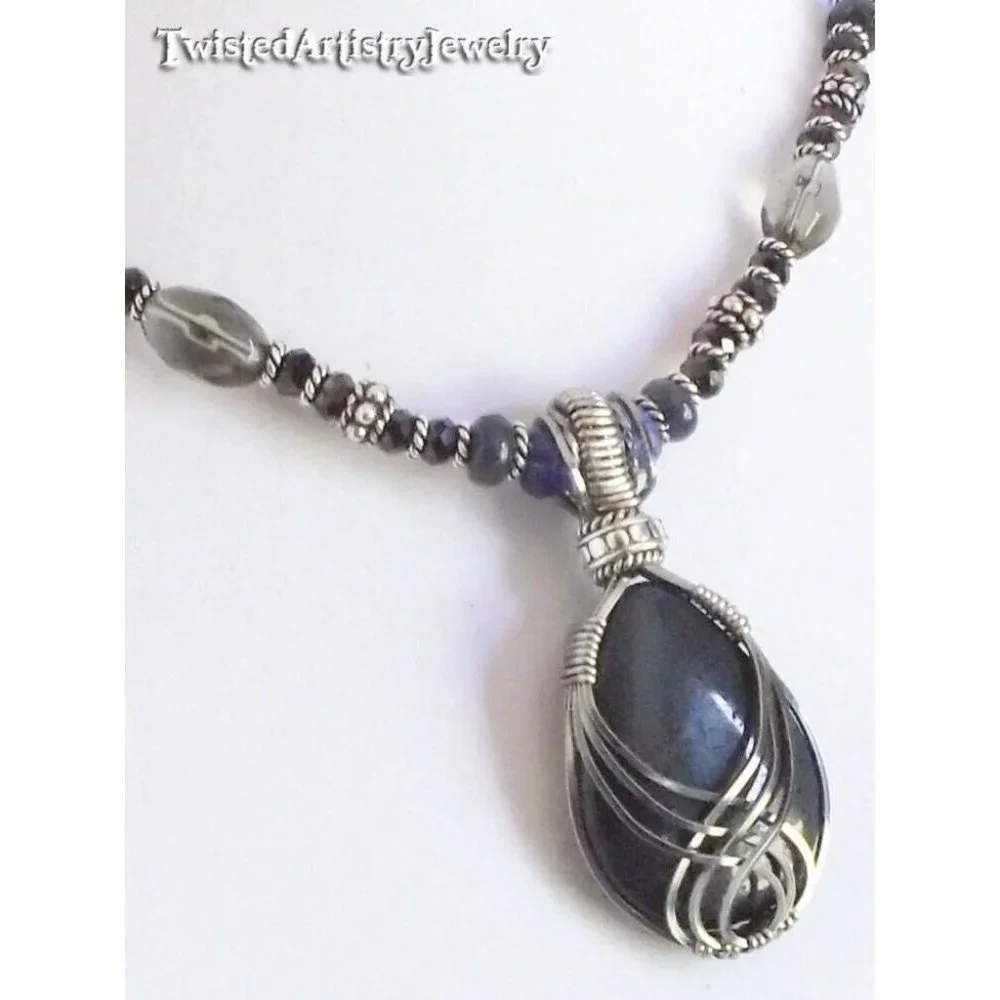 Beaded Necklace with Blue Jasper Wire Wrapped Pendant Handmade - Picture 2 of 3